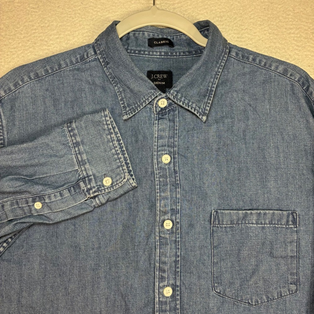 J Crew Denim Button Up Shirt Men L Blue Classic Preppy Casual Cotton